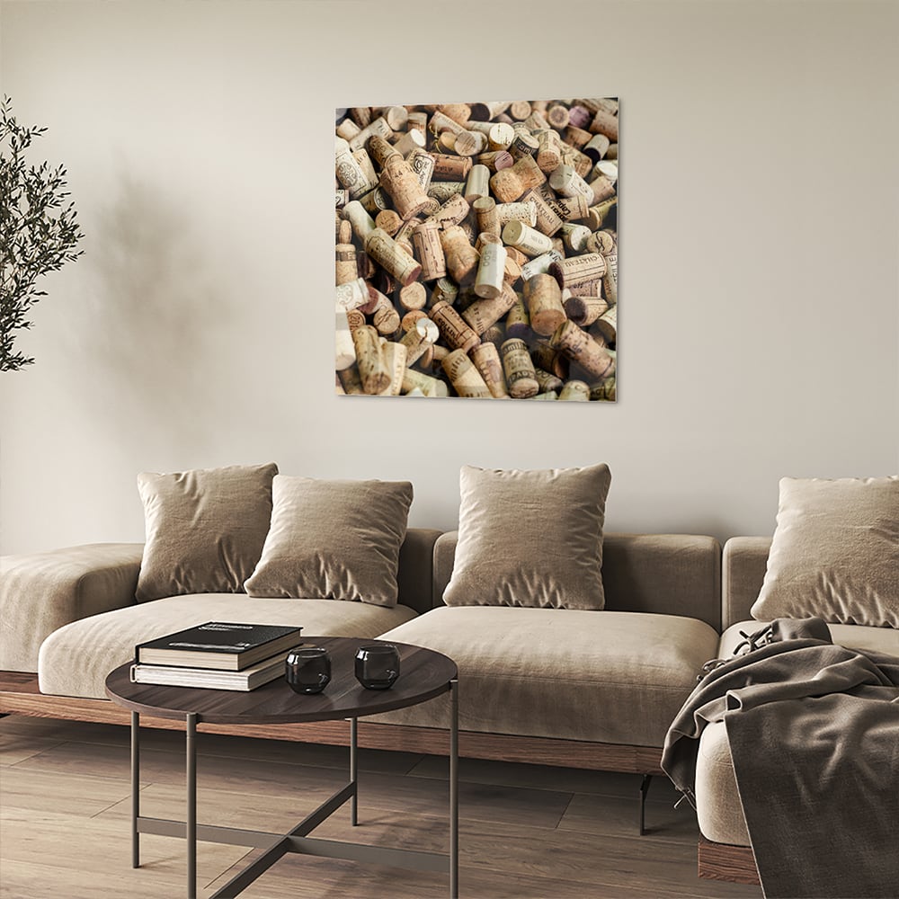 Kreatives Glasbild mit Korkenstapel – Glasbild aus Sicherheitsglas, Größe 90x90_rond