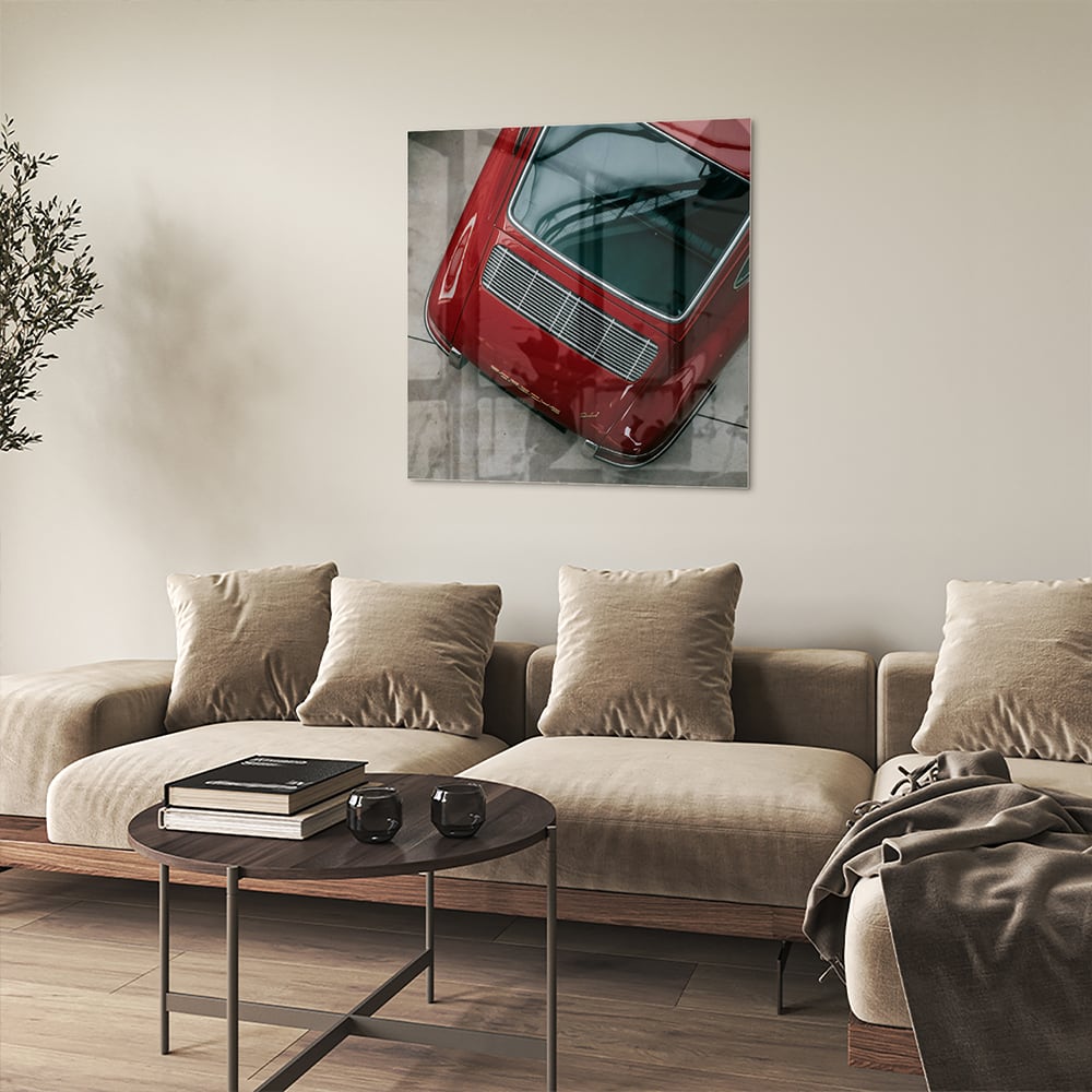 Stilvolles Glasbild mit einem roten Auto – Glasbild aus Sicherheitsglas, Größe 90x90_rond