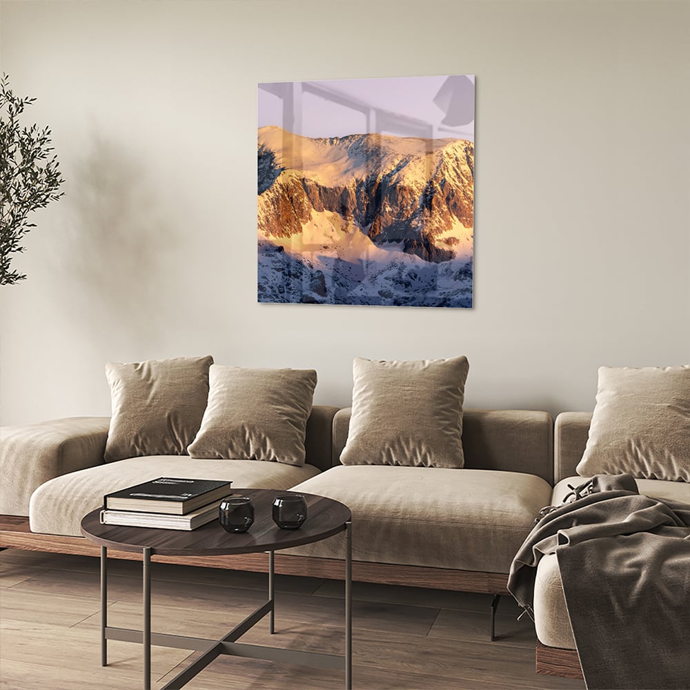 Atemberaubendes Glasbild mit Berglandschaft – Glasbild aus Sicherheitsglas, Größe 90x90_rond