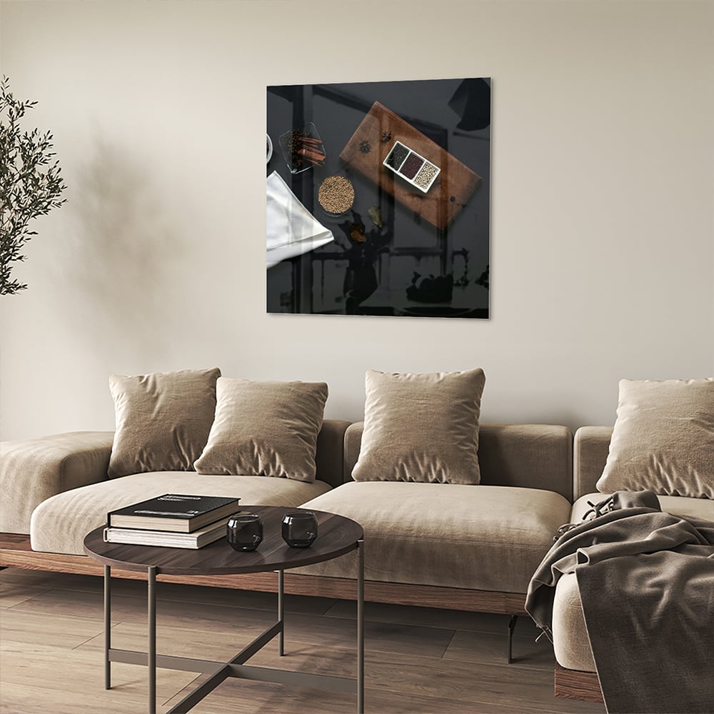 Modernes Glasbild mit Kaffee und Notizen – Glasbild aus Sicherheitsglas, Größe 90x90_rond