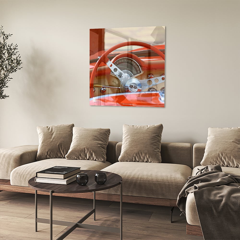 Retro-Auto-Glasbild für stilvolle Innenräume – Glasbild aus Sicherheitsglas, Größe 90x90_rond