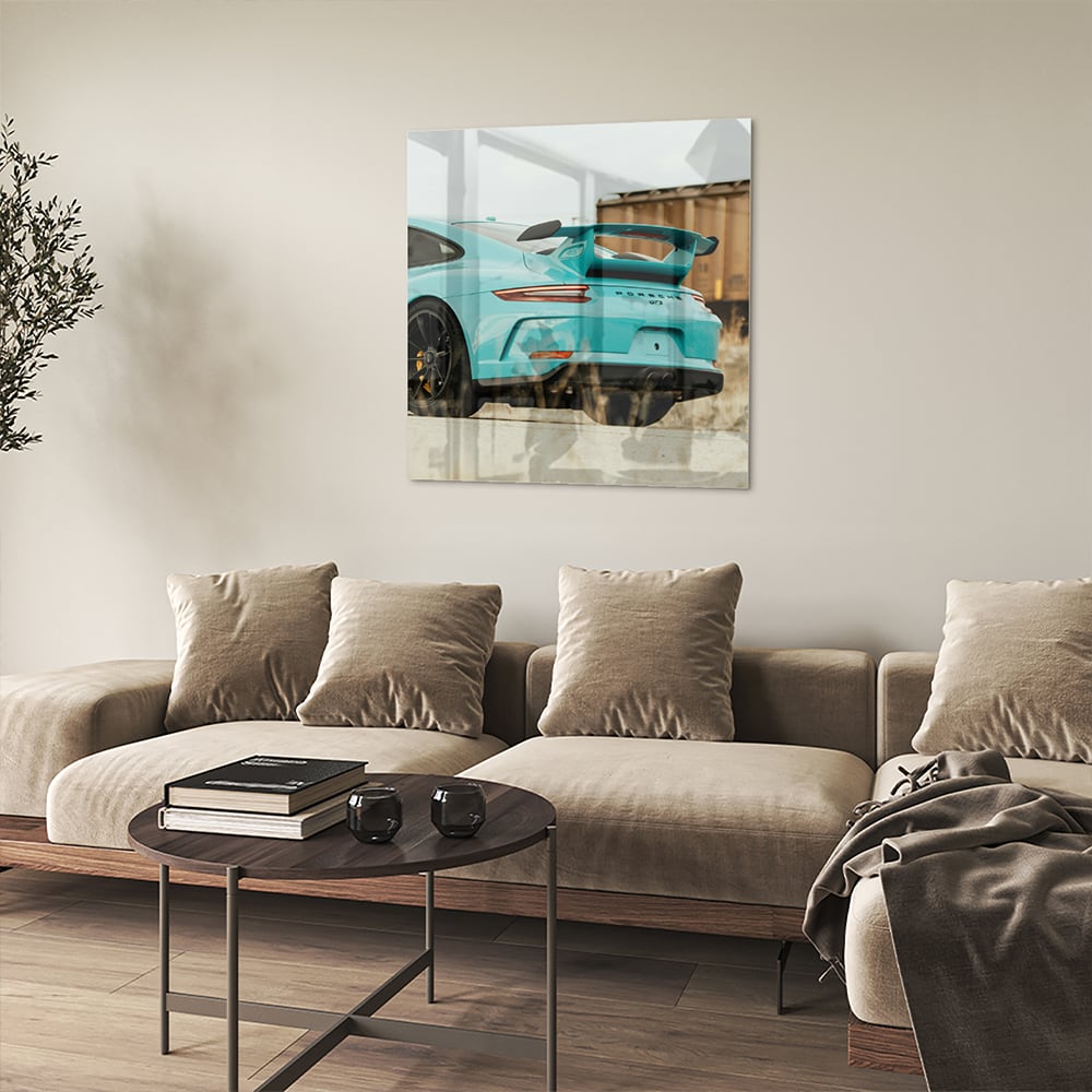 Stilvolles Glasbild mit einem Sportwagen – Glasbild aus Sicherheitsglas, Größe 90x90_rond