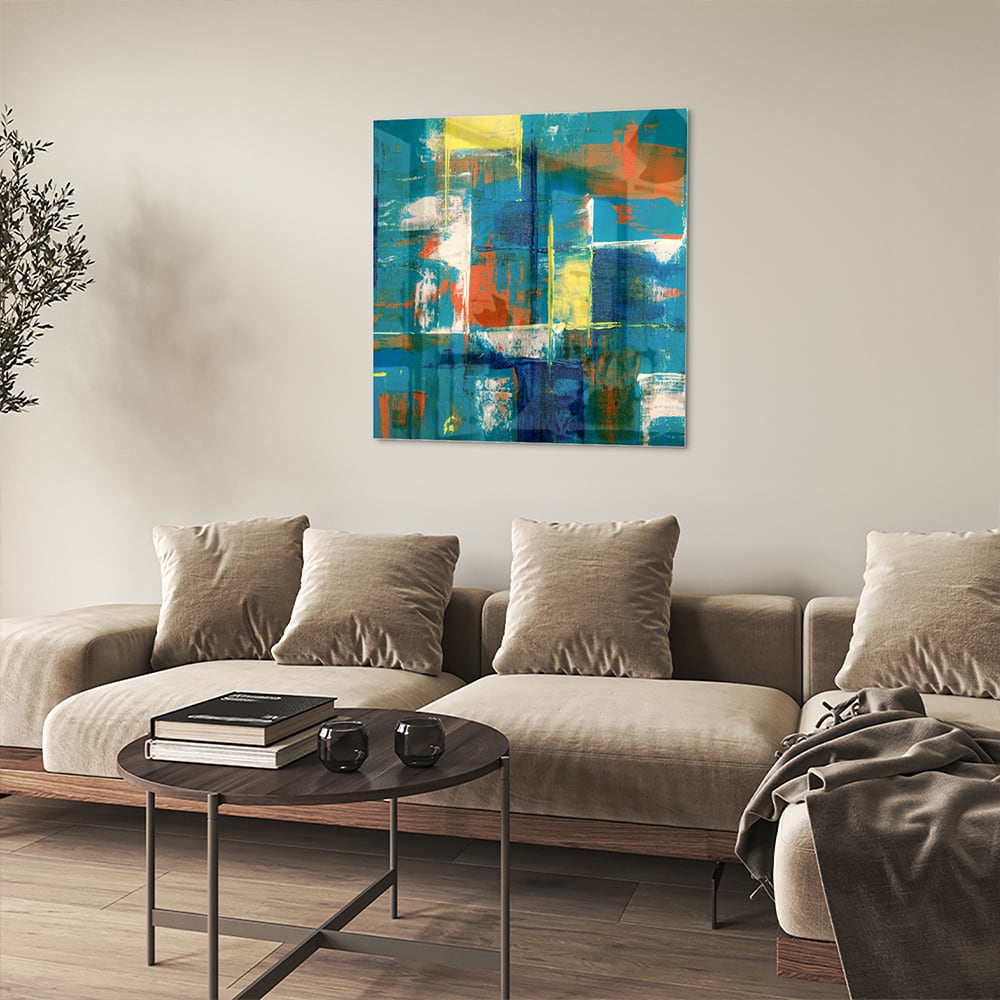 Abstraktes Glasbild in farbenfrohen Farbtönen – Glasbild aus Sicherheitsglas, Größe 90x90_rond