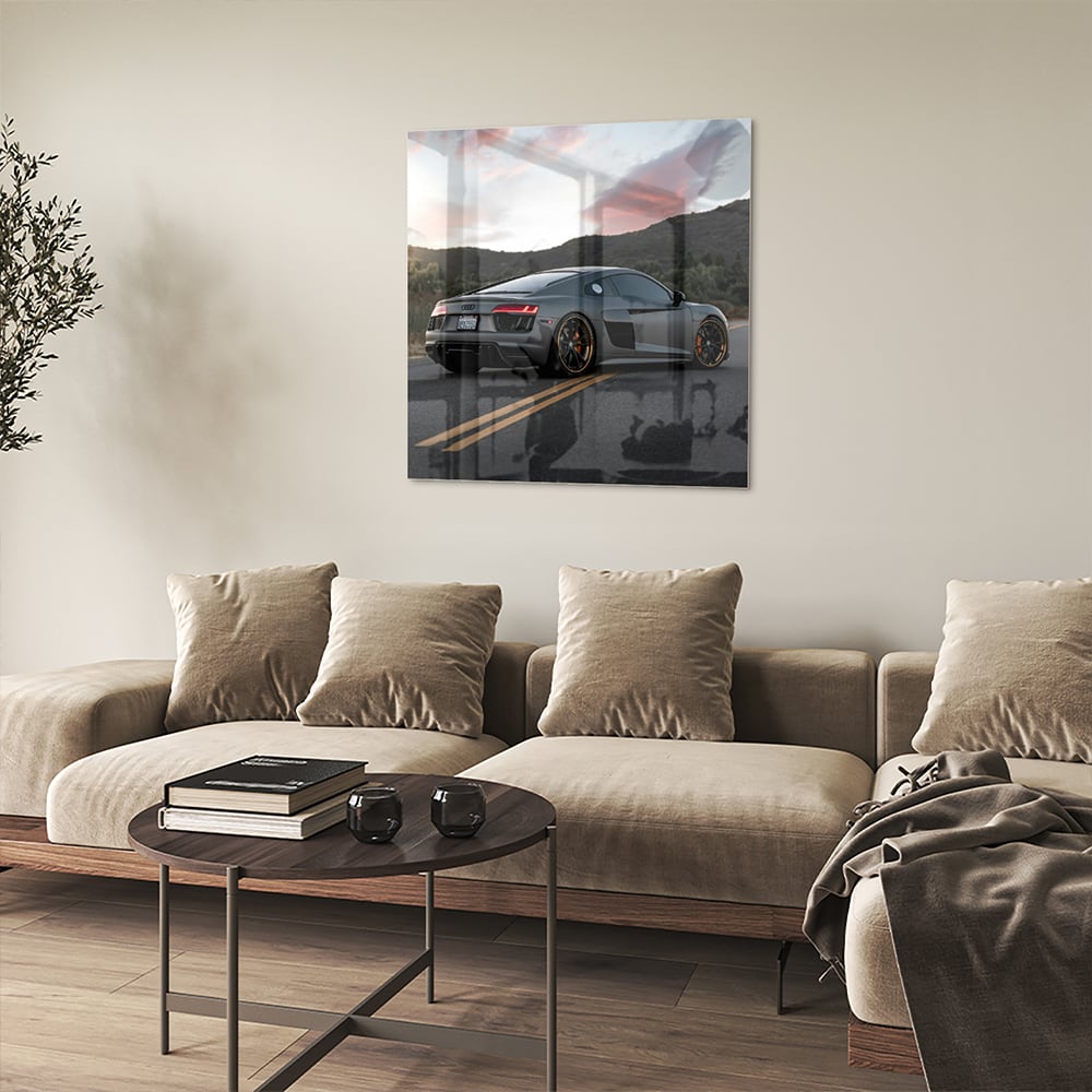 Modernes Glasbild mit einem Sportwagen in der Natur – Glasbild aus Sicherheitsglas, Größe 90x90_rond