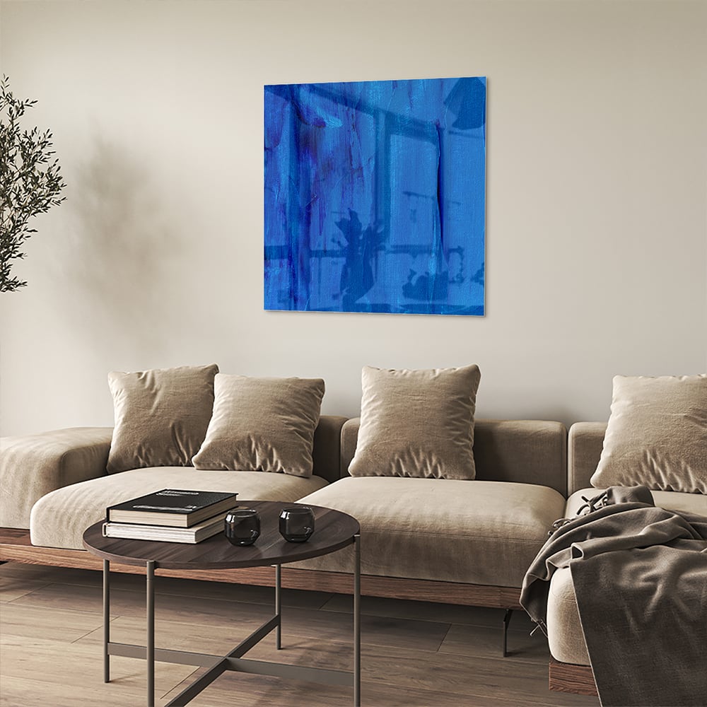 Blaues abstraktes Glasbild für moderne Innenräume – Glasbild aus Sicherheitsglas, Größe 90x90_rond
