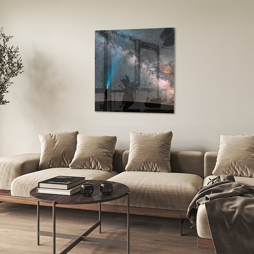 Glasbild Sternenhimmel mit Lichtstrahl – Glasbild aus Sicherheitsglas, Größe 90x90_rond