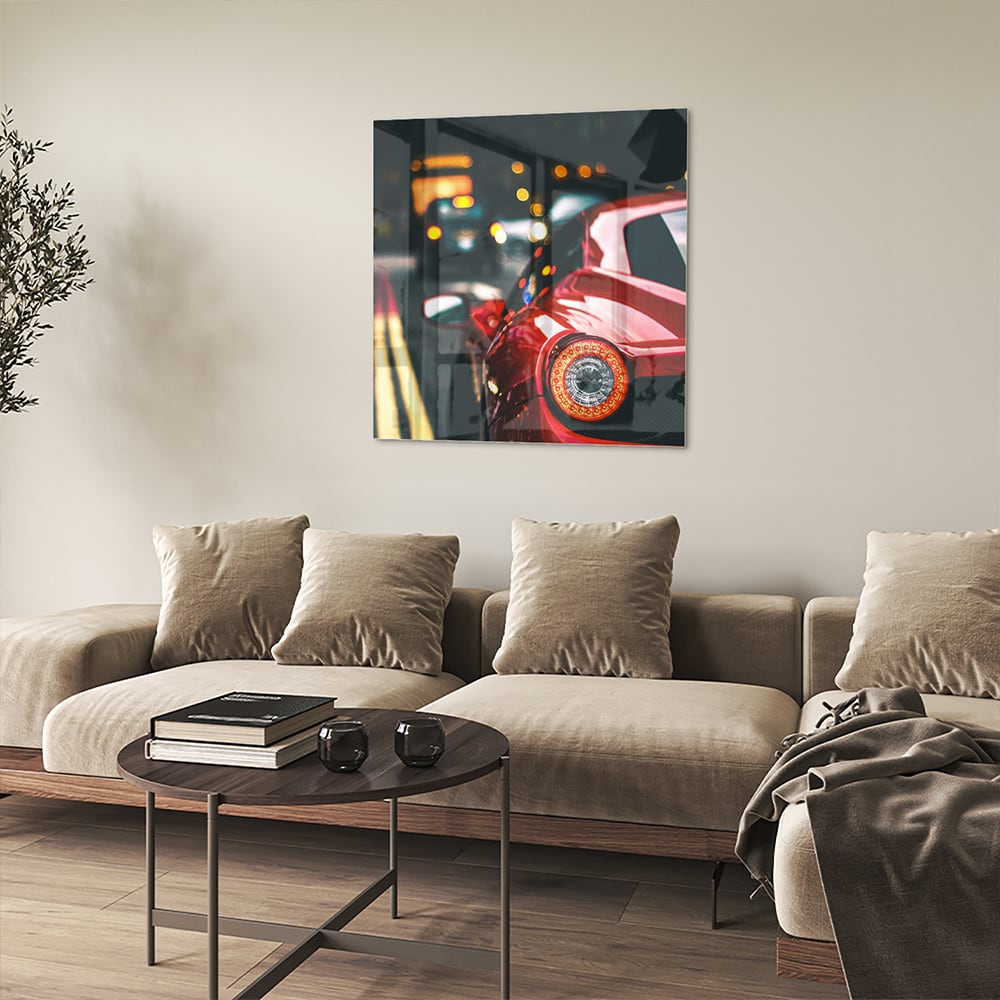 Stilvolles Glasbild mit einem roten Auto in der Stadt – Glasbild aus Sicherheitsglas, Größe 90x90_rond