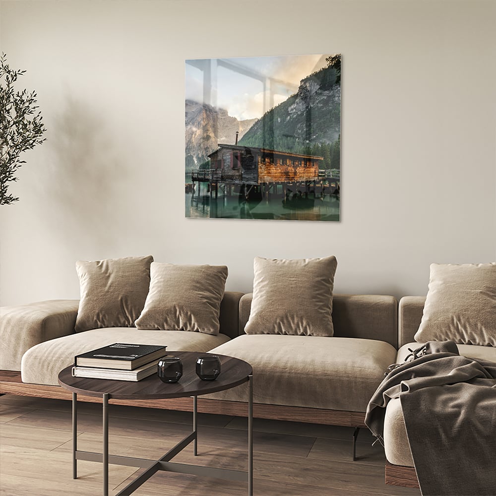 Bezauberndes Glasbild mit einer Berghütte – Glasbild aus Sicherheitsglas, Größe 90x90_rond