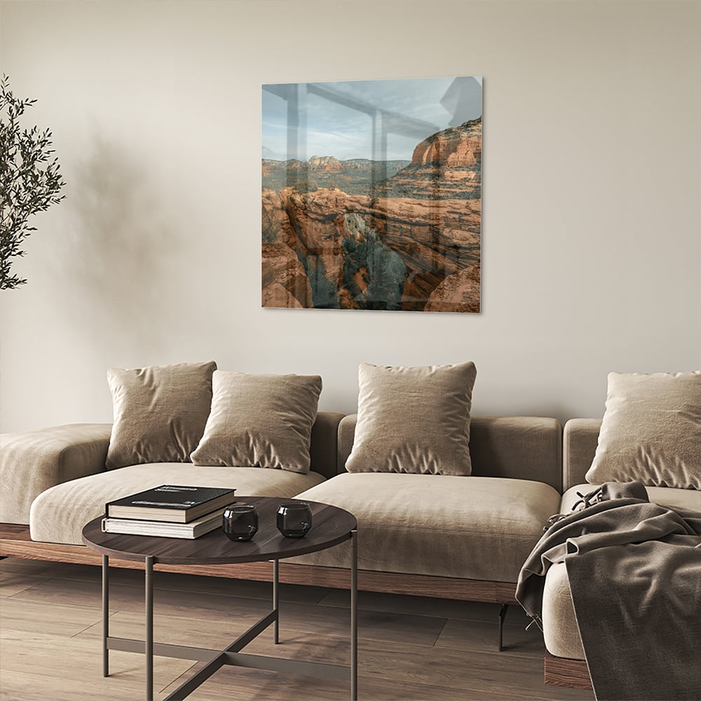 Atemberaubendes Glasbild mit Bergen – Glasbild aus Sicherheitsglas, Größe 90x90_rond