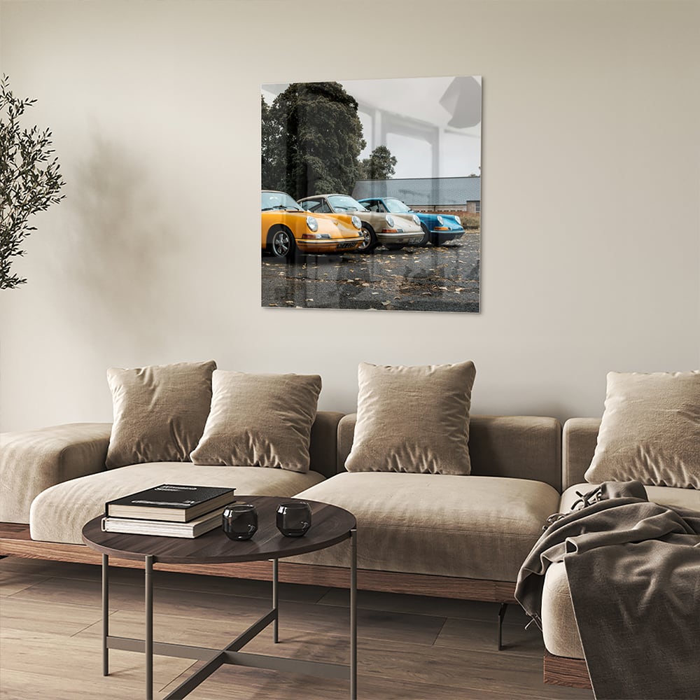 Fröhliches Glasbild mit gelbem Auto – Glasbild aus Sicherheitsglas, Größe 90x90_rond