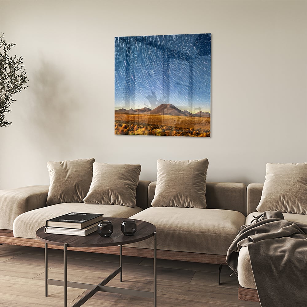 Glasbild mit Sternenhimmel über den Bergen – Glasbild aus Sicherheitsglas, Größe 90x90_rond