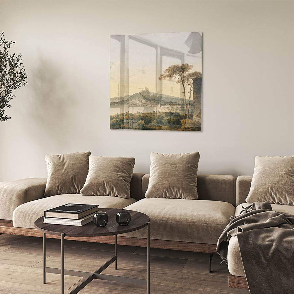 Rustikales Glasbild mit Berglandschaft – Glasbild aus Sicherheitsglas, Größe 90x90_rond