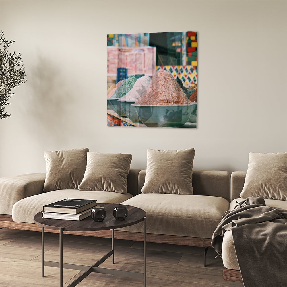 Farbenfrohes Glasbild mit Gewürzen – Glasbild aus Sicherheitsglas, Größe 90x90_rond