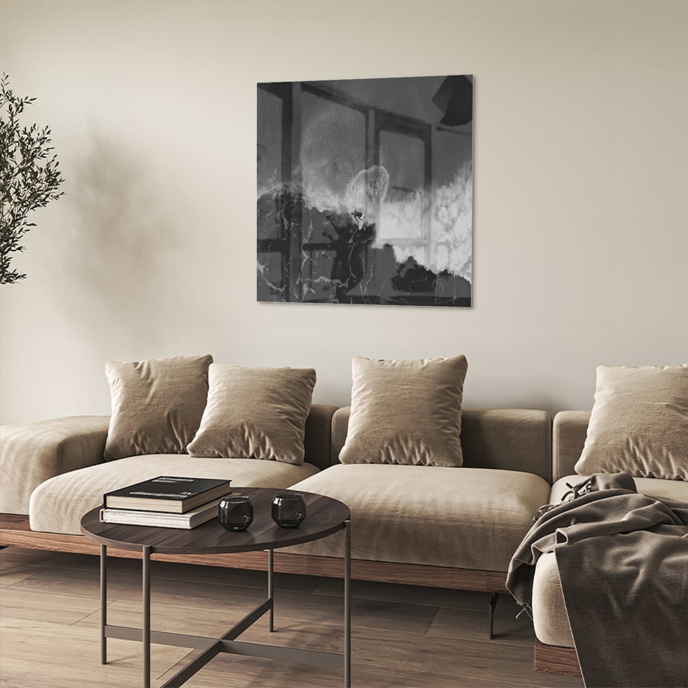 Abstraktes Schwarz-Weiß-Glasbild für ein modernes Interieur – Glasbild aus Sicherheitsglas, Größe 90x90_rond