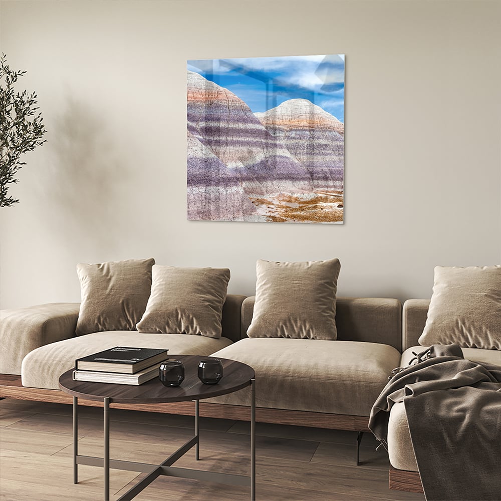 Wunderschönes Glasbild mit Bergen und Himmel – Glasbild aus Sicherheitsglas, Größe 90x90_rond