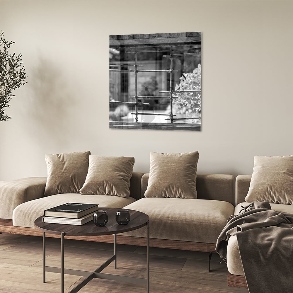 Modernes Glasbild mit Fensterblick – Glasbild aus Sicherheitsglas, Größe 90x90_rond