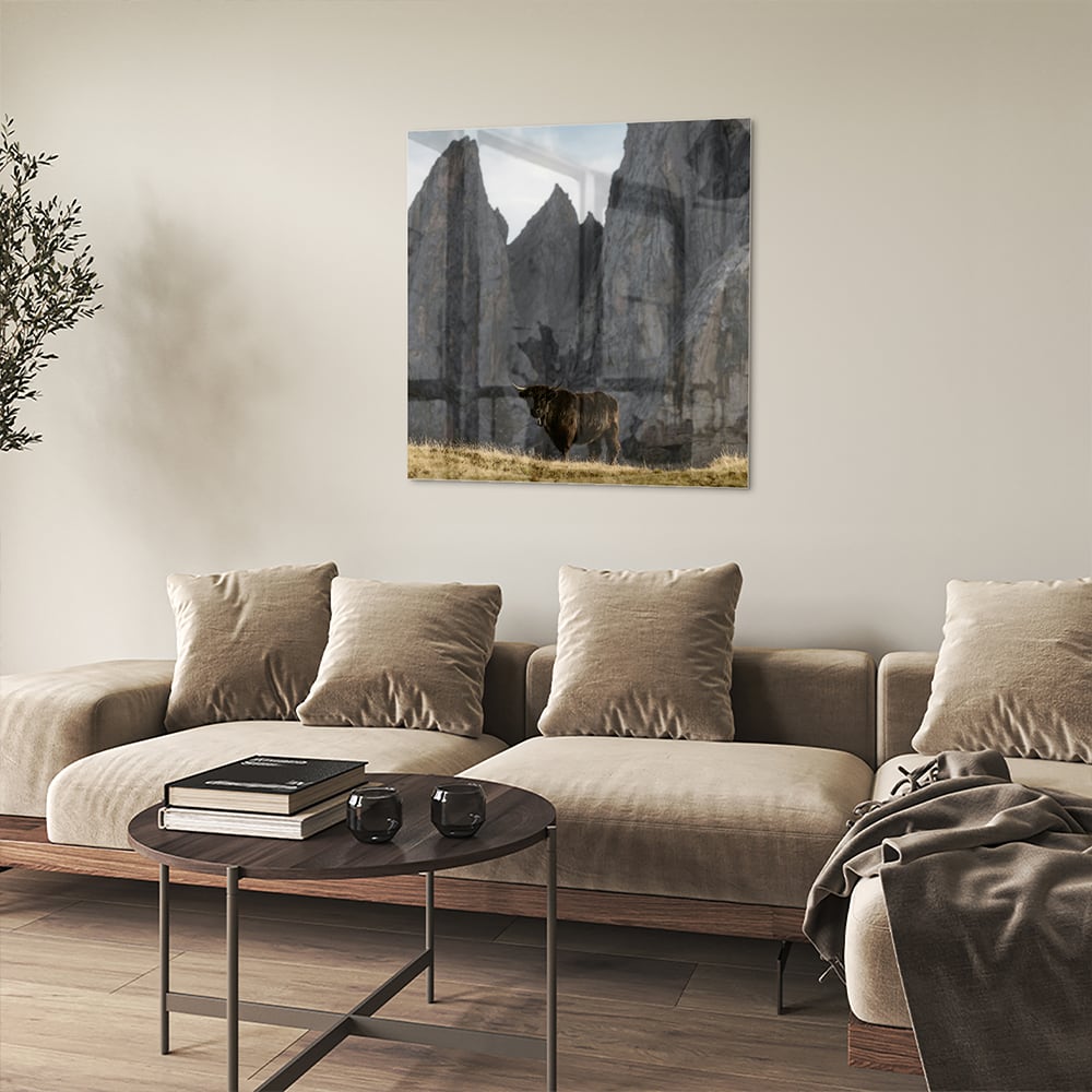 Glasbild mit majestätischen Bergen – Glasbild aus Sicherheitsglas, Größe 90x90_rond