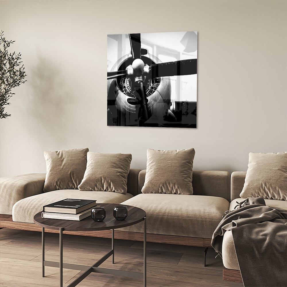 Schwarz-Weiß-Glasbild mit Vintage-Flugzeugpropeller – Glasbild aus Sicherheitsglas, Größe 90x90_rond