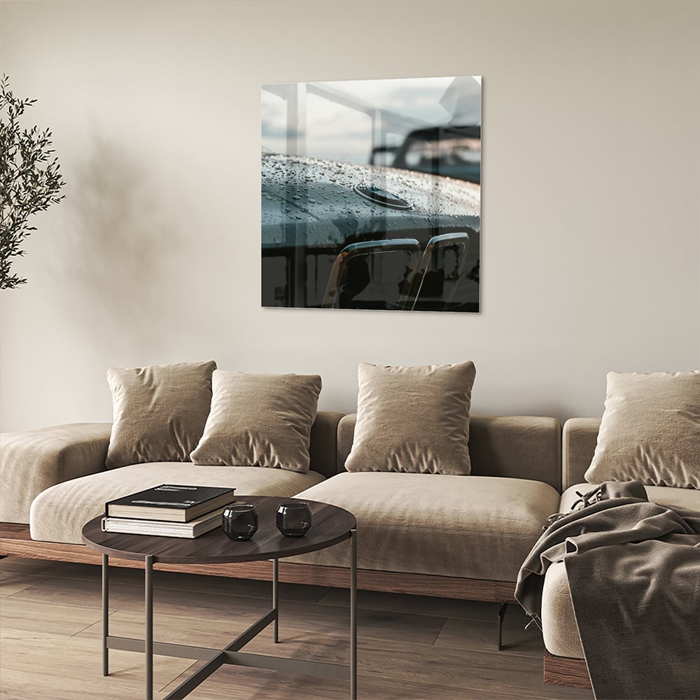 Glasbild mit nasser Autoscheibe – Stilvolles Interieur – Glasbild aus Sicherheitsglas, Größe 90x90_rond