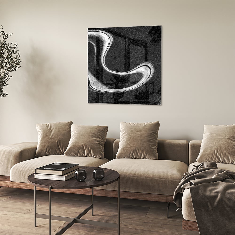 Schwarz-Weiß-Glasbild mit wellenförmigen Linien – Glasbild aus Sicherheitsglas, Größe 90x90_rond