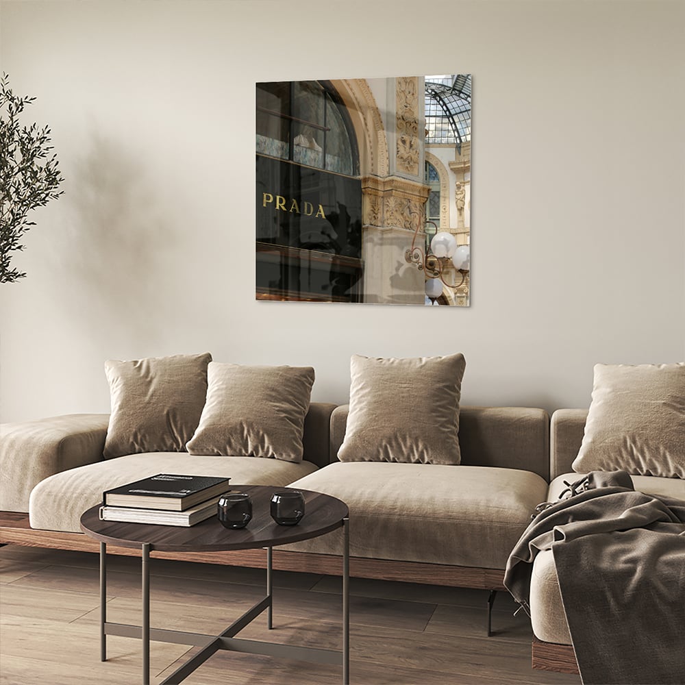 Elegantes Glasbild mit Luxus-Boutique – Glasbild aus Sicherheitsglas, Größe 90x90_rond