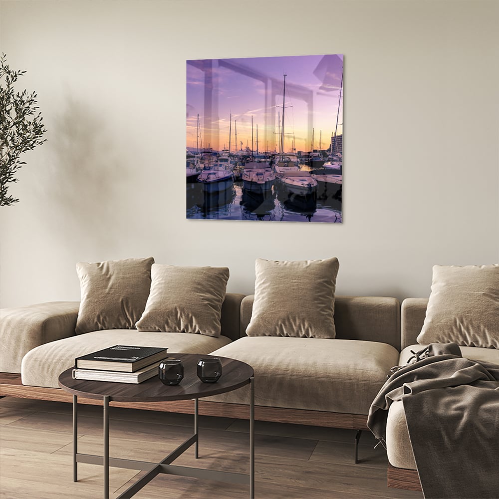 Glasbild mit Sonnenuntergang am Hafen – Glasbild aus Sicherheitsglas, Größe 90x90_rond