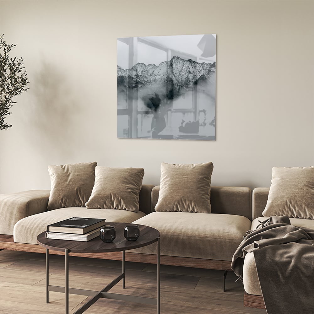 Elegantes Glasbild mit Bergen in Schwarz-Weiß – Glasbild aus Sicherheitsglas, Größe 90x90_rond