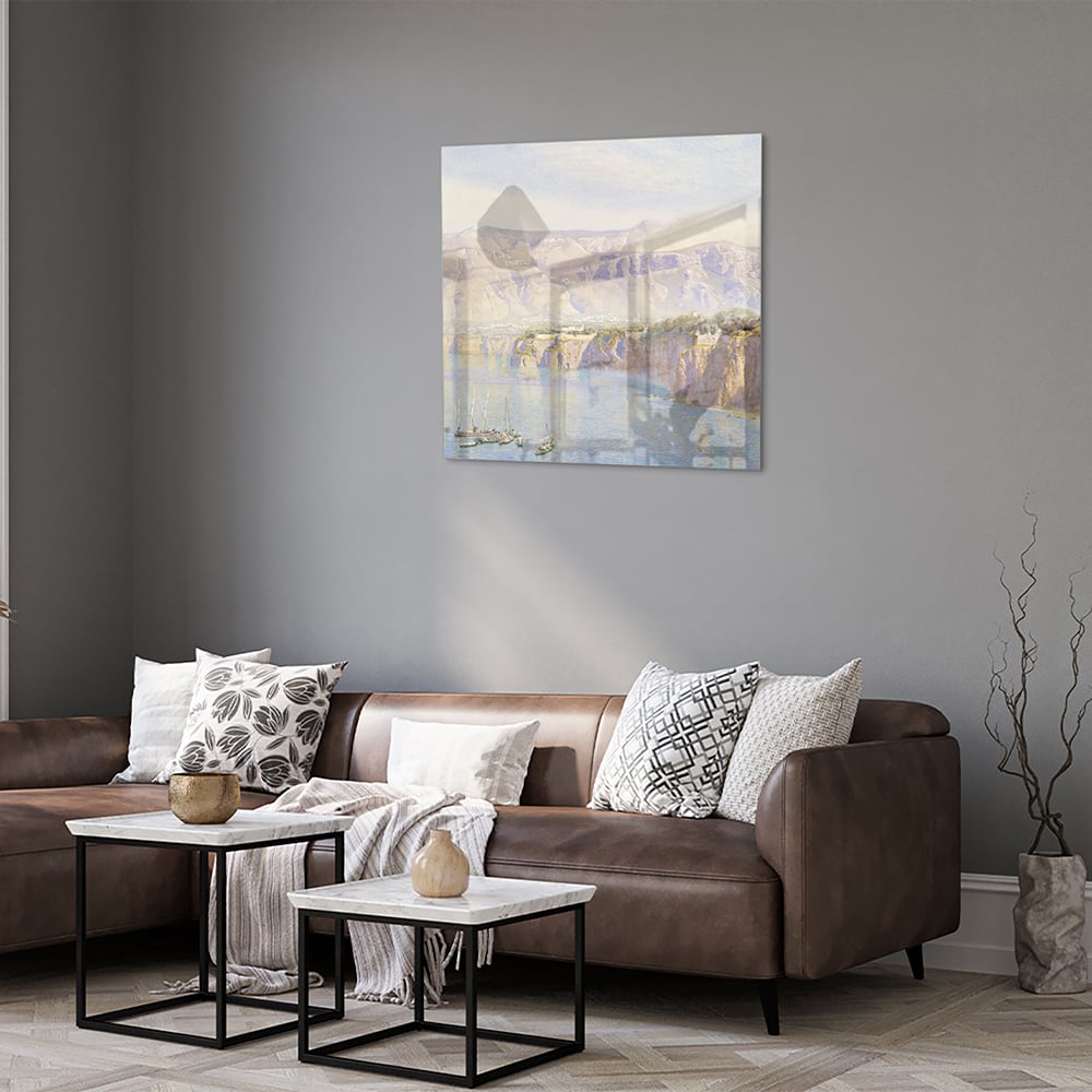 Träumerisches Glasbild mit Berglandschaft – Glasbild aus Sicherheitsglas, Größe 120x80