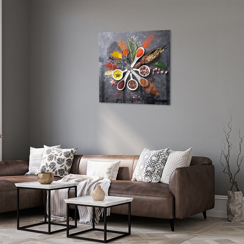 Glasbild mit farbenfrohen Gewürzen – Glasbild aus Sicherheitsglas, Größe 120x80