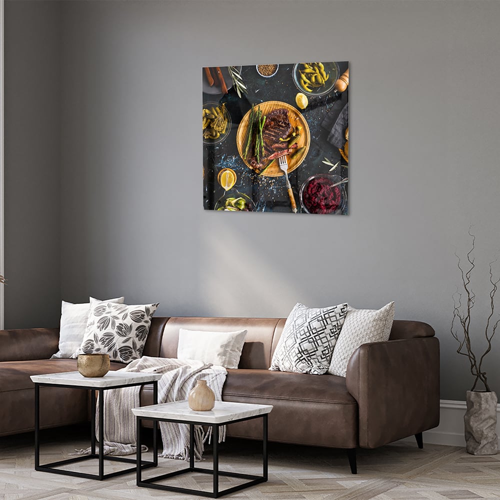 Kulinarisches Glasbild mit verführerischen Speisen – Glasbild aus Sicherheitsglas, Größe 120x80