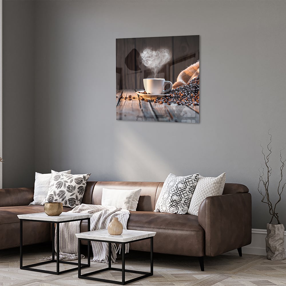 Stilvolles Glasbild mit Kaffee und Kaffeebohnen – Glasbild aus Sicherheitsglas, Größe 120x80