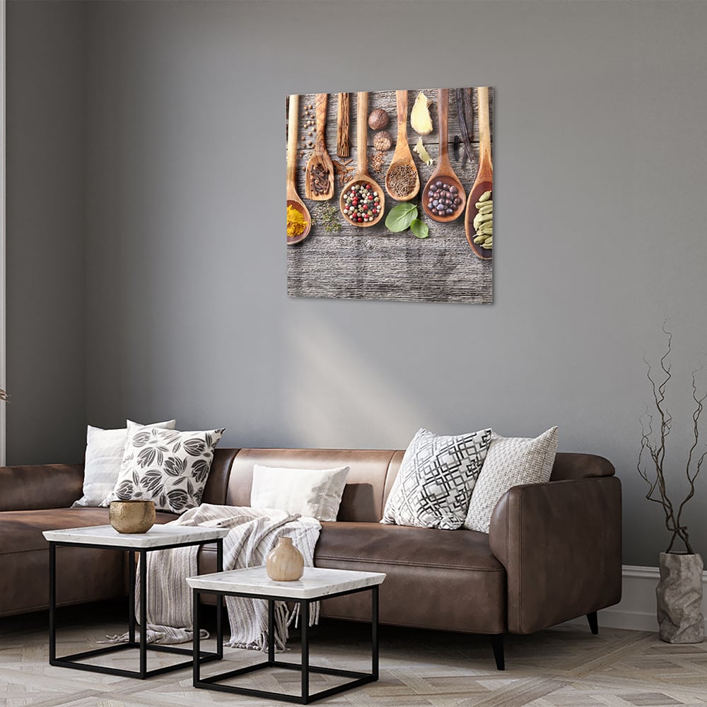 Glasbild mit natürlichen Rezepten im Löffel-Design – Glasbild aus Sicherheitsglas, Größe 120x80