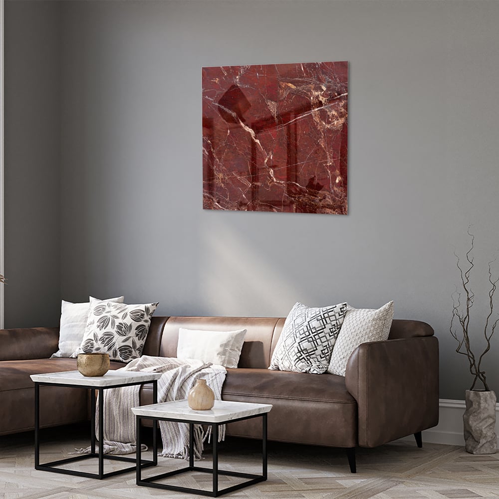 Rotes Glasbild mit Marmoroptik – Glasbild aus Sicherheitsglas, Größe 120x80