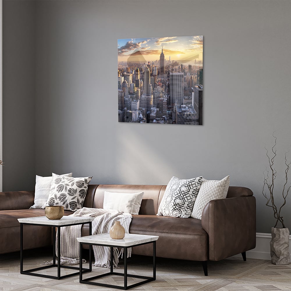 Glasbild mit atemberaubender Aussicht auf New York bei Sonnenuntergang – Glasbild aus Sicherheitsglas, Größe 120x80