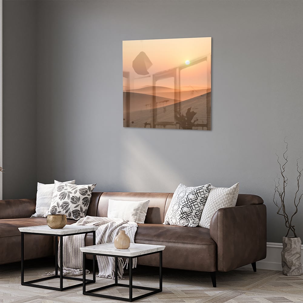 Glasbild mit Sonnenuntergang in warmen Farbtönen – Glasbild aus Sicherheitsglas, Größe 120x80