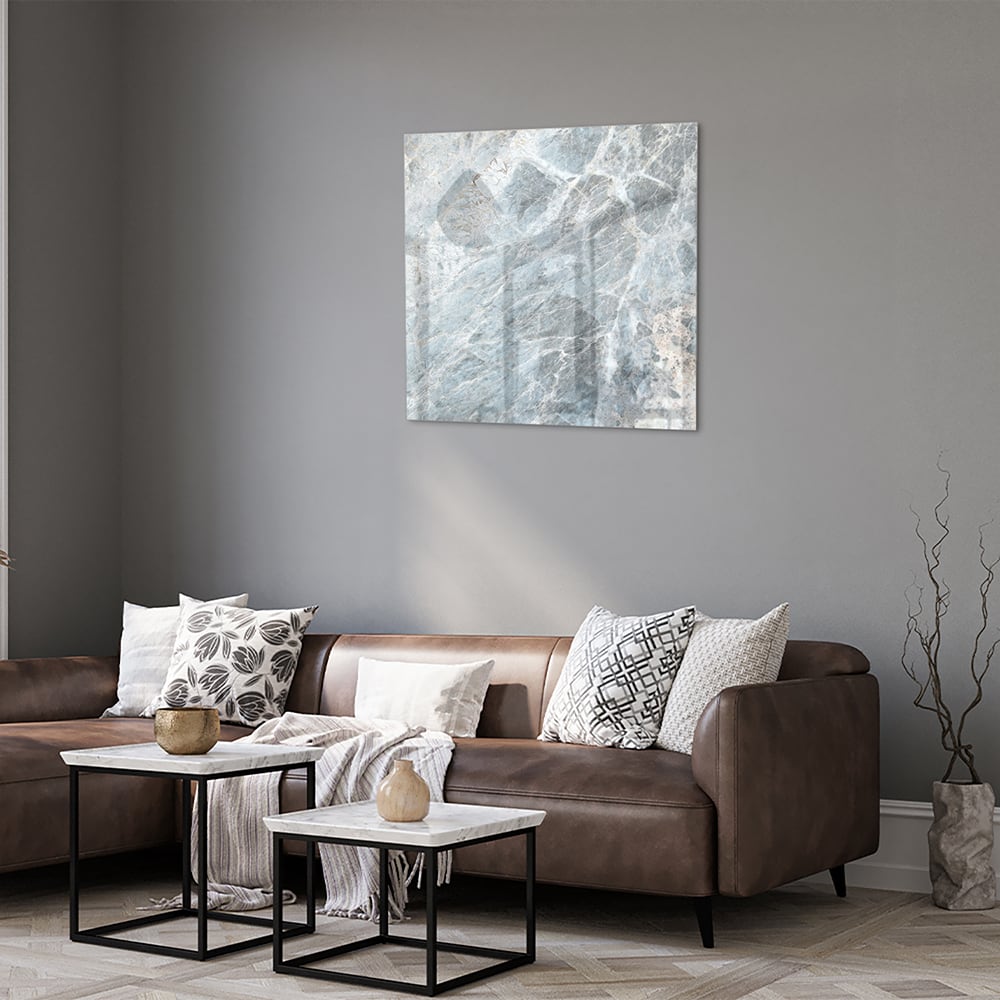 Glasbild mit Marmoroptik in Blau und Grau – Glasbild aus Sicherheitsglas, Größe 120x80