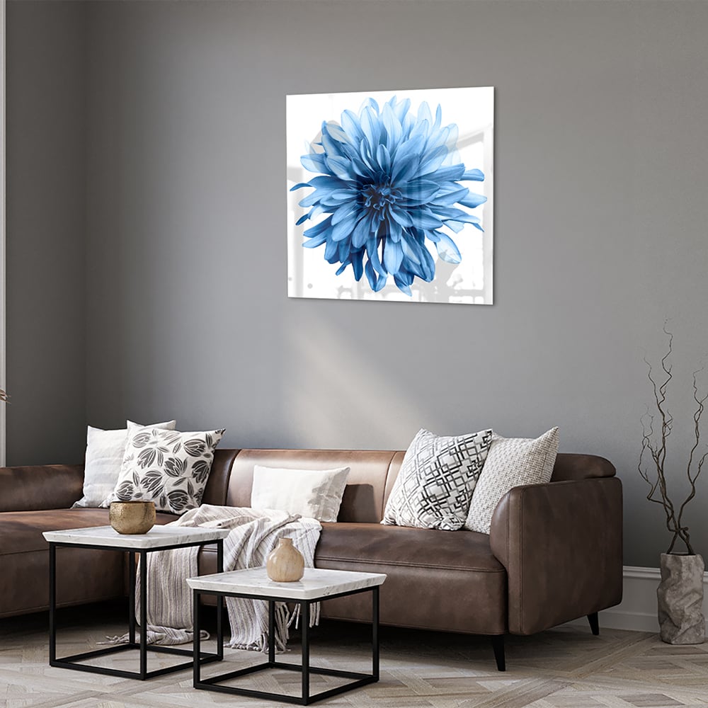 Blaues Glasbild mit einer Blume – Glasbild aus Sicherheitsglas, Größe 120x80