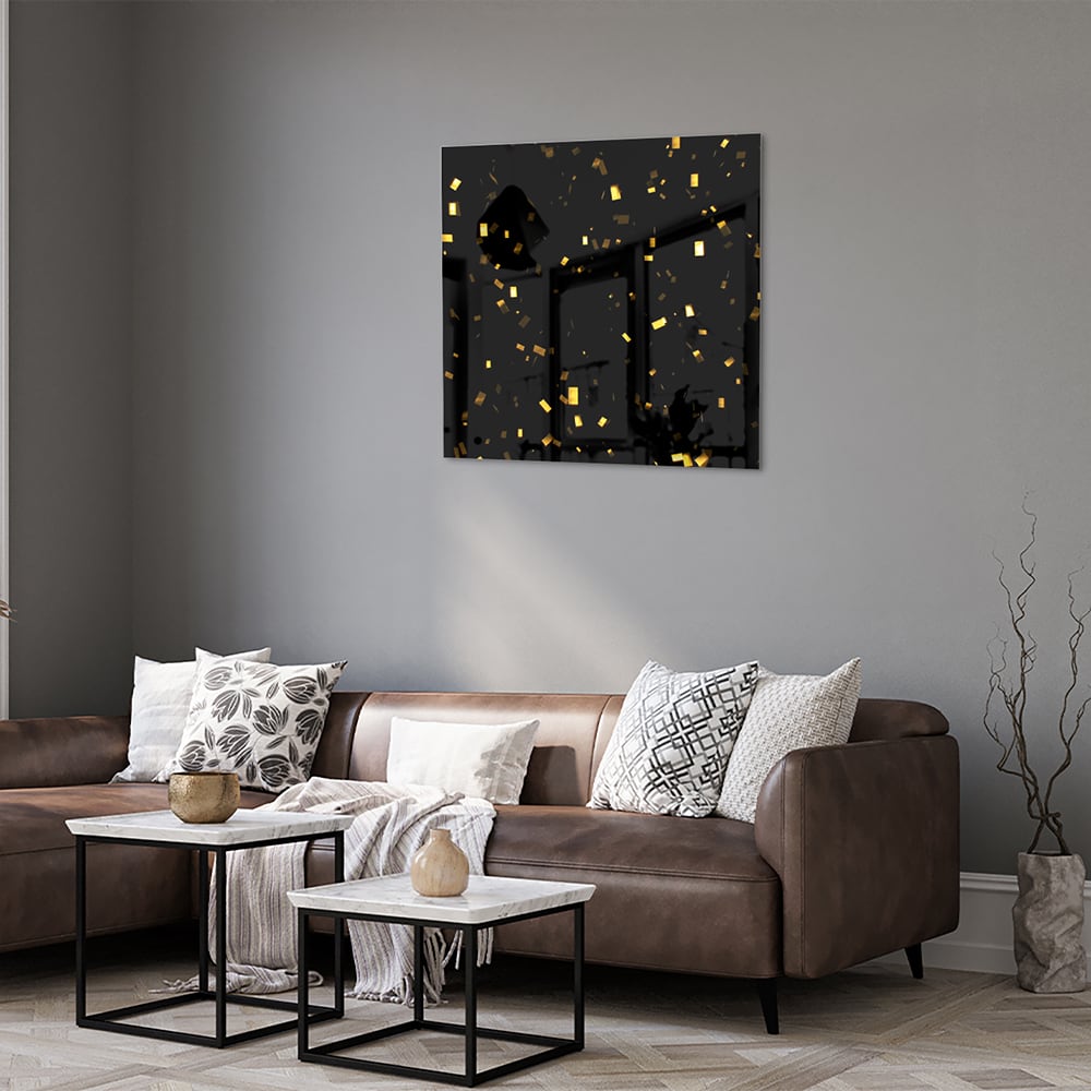 Schwarzes Glasbild mit goldenem Konfetti – Glasbild aus Sicherheitsglas, Größe 120x80