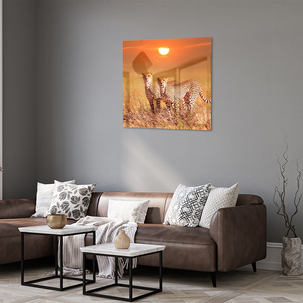 Elegantes Glasbild mit Geparden in der Natur – Glasbild aus Sicherheitsglas, Größe 120x80