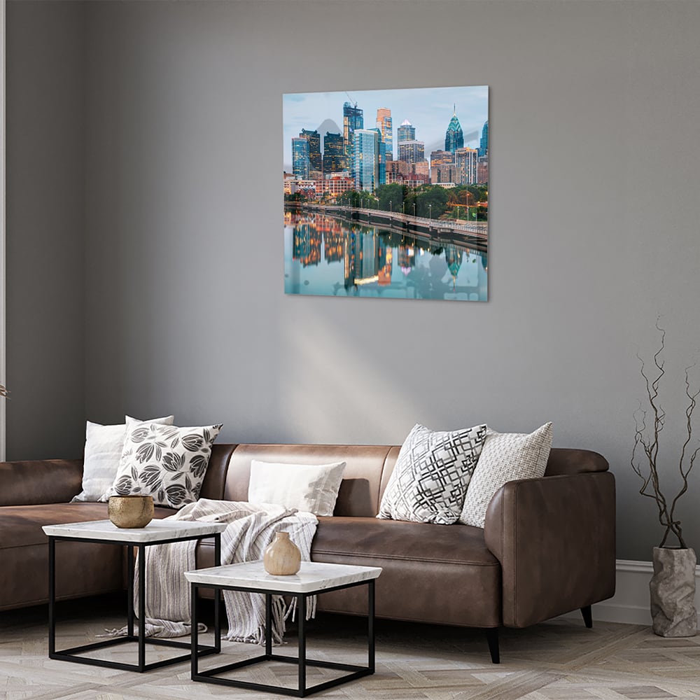 Modernes Glasbild mit Stadtansicht – Glasbild aus Sicherheitsglas, Größe 120x80