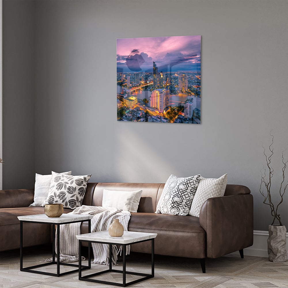 Glasbild mit Stadtblick im Abendlicht – Glasbild aus Sicherheitsglas, Größe 120x80