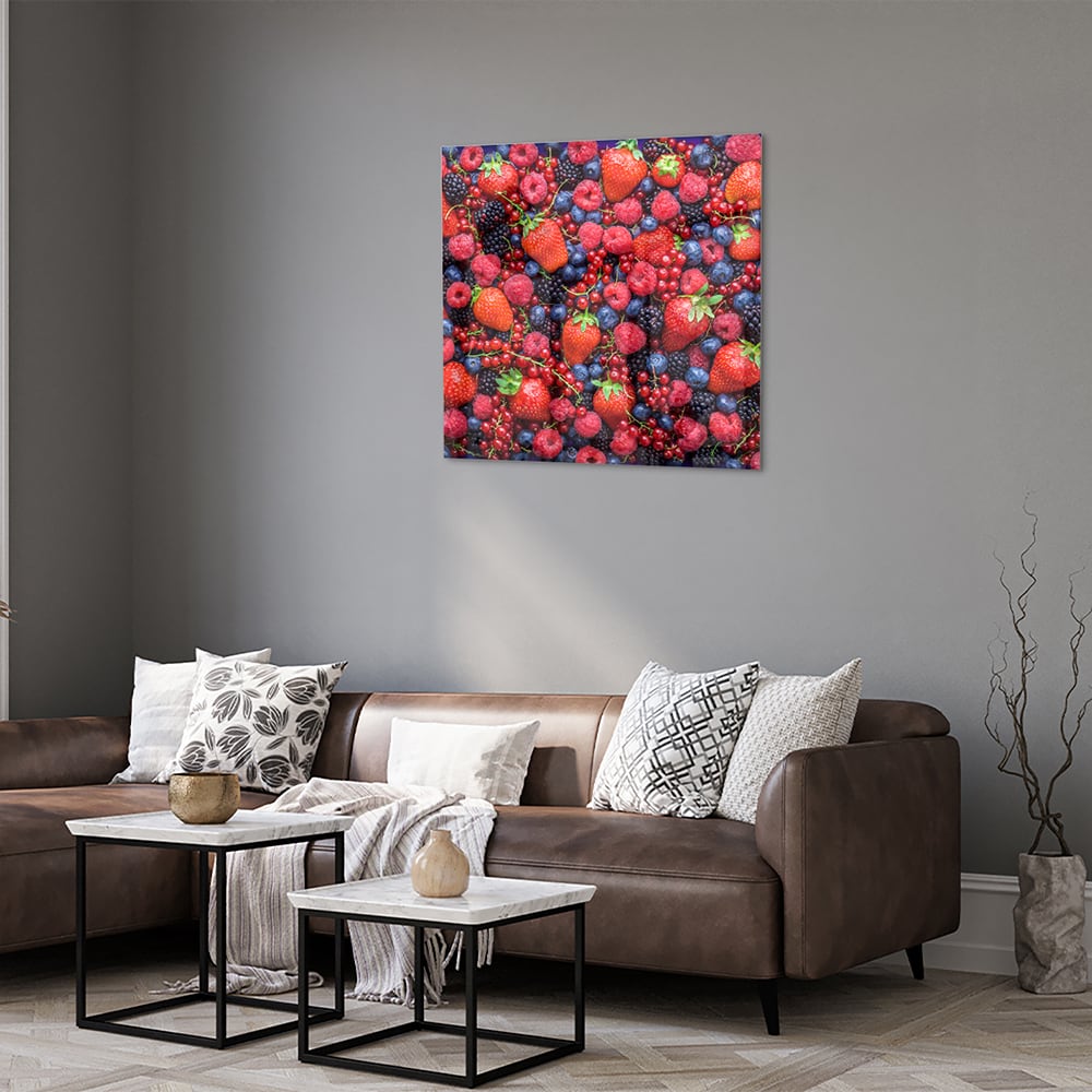 Farbenfrohes Glasbild mit Beeren und Früchten – Glasbild aus Sicherheitsglas, Größe 120x80