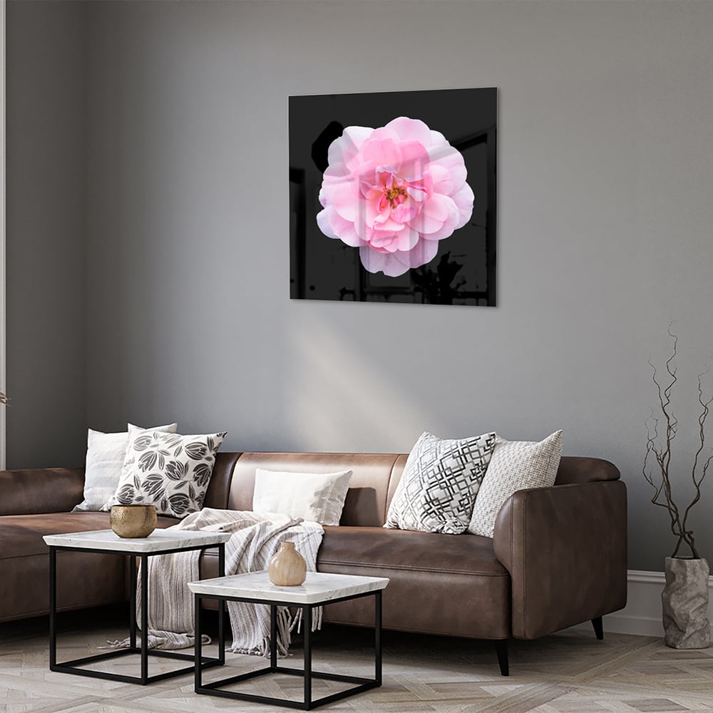 Elegantes Glasbild mit rosa Blume auf schwarzem Hintergrund – Glasbild aus Sicherheitsglas, Größe 120x80