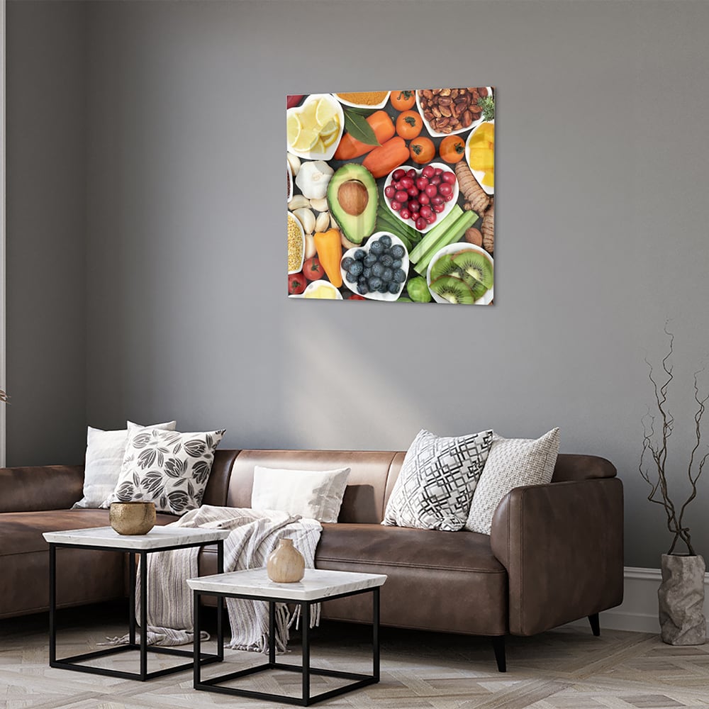 Fröhliches Glasbild mit Früchten für die Küche – Glasbild aus Sicherheitsglas, Größe 120x80