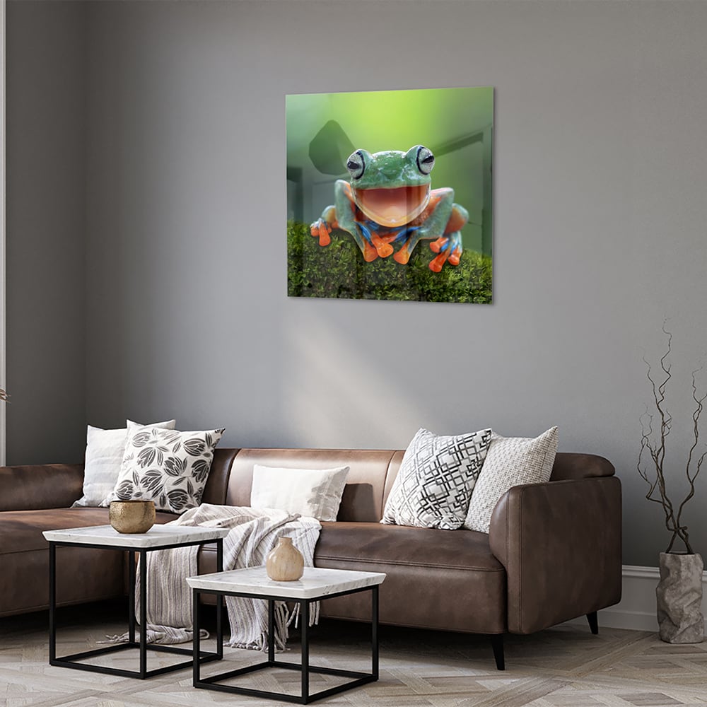 Fröhliches Glasbild mit Laubfrosch – Glasbild aus Sicherheitsglas, Größe 120x80