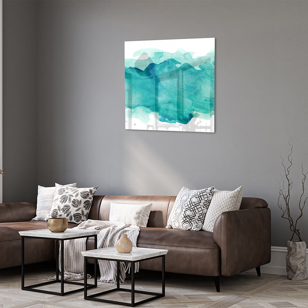 Abstraktes türkisfarbenes Glasbild für moderne Innenräume – Glasbild aus Sicherheitsglas, Größe 120x80