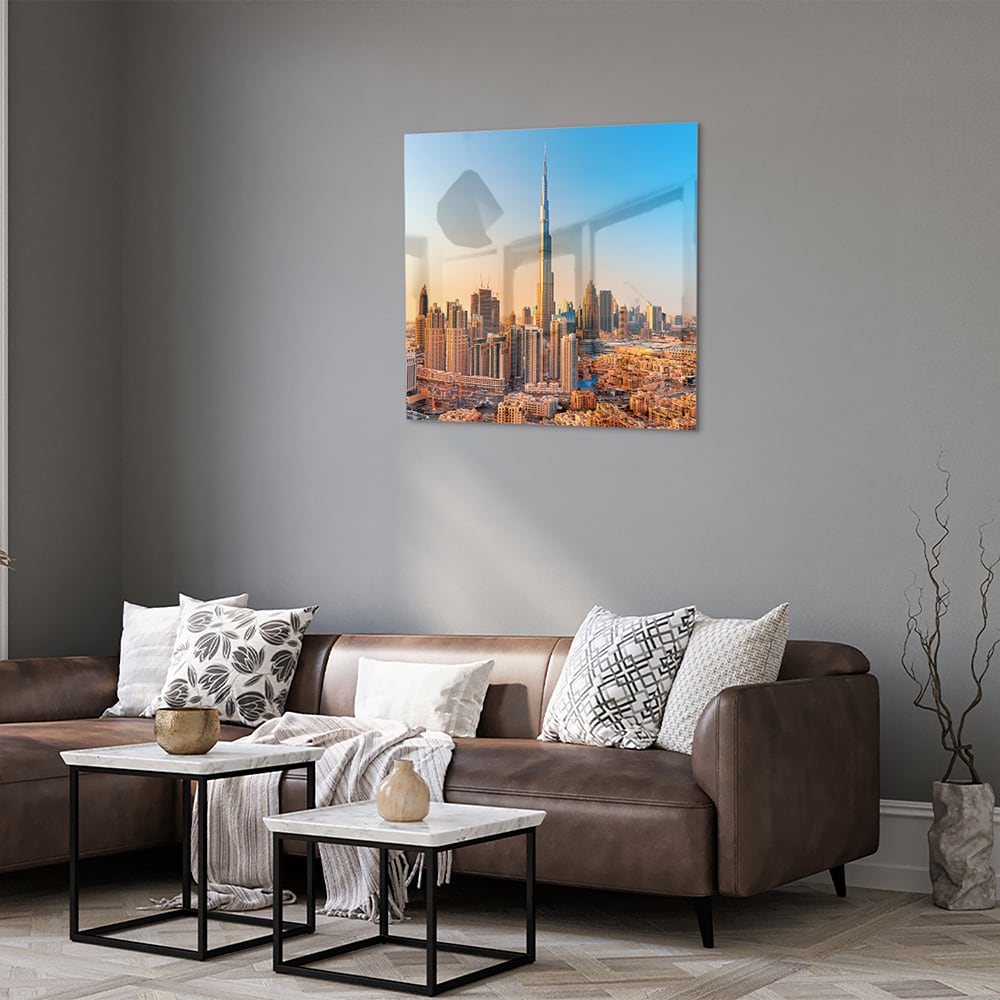 Modernes Glasbild mit Skyline Dubai – Glasbild aus Sicherheitsglas, Größe 120x80