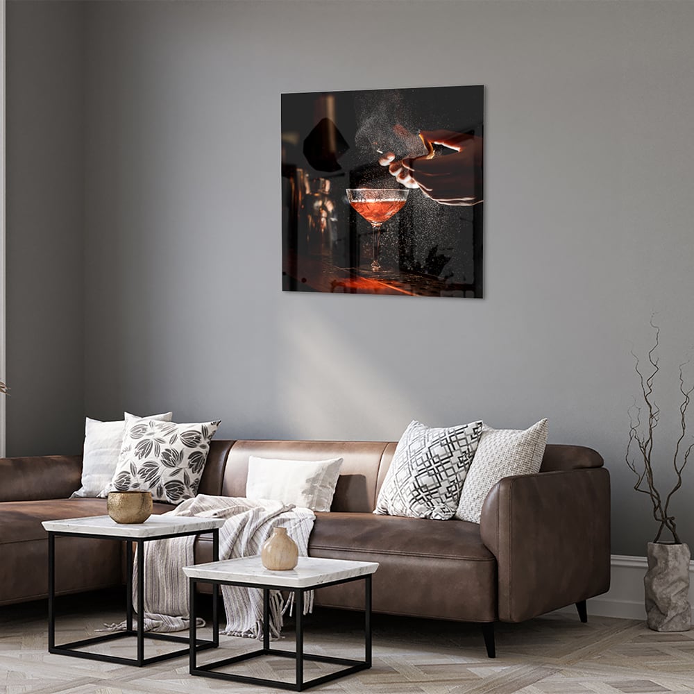 Elegantes Glasbild mit Cocktails in stimmungsvoller Szenerie – Glasbild aus Sicherheitsglas, Größe 120x80