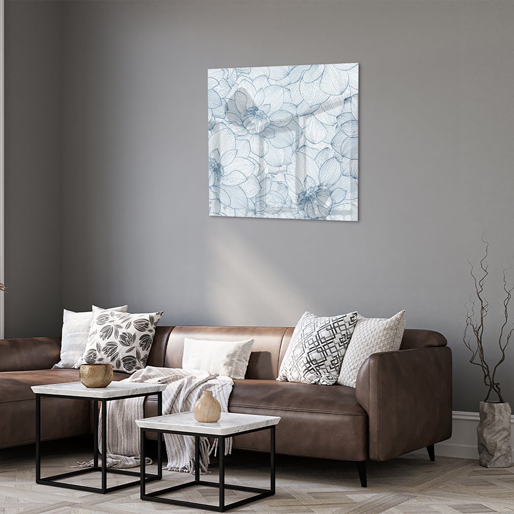 Elegantes Glasbild mit Blumendesign in Blau – Glasbild aus Sicherheitsglas, Größe 120x80