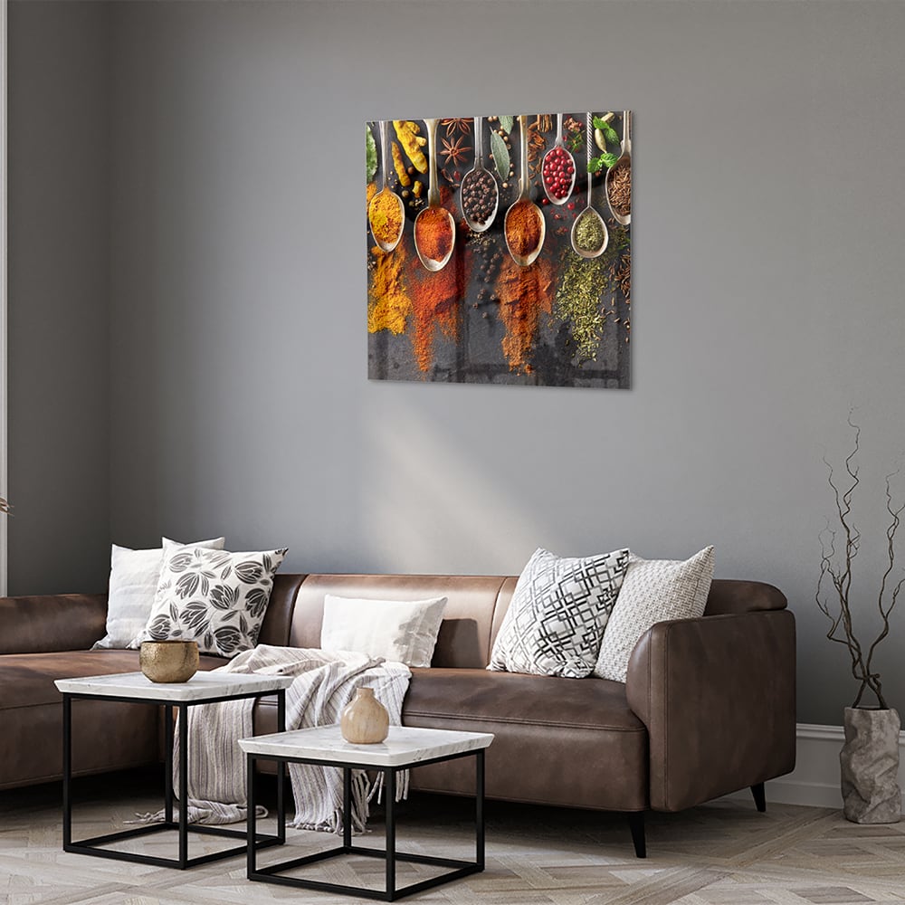 Farbenfrohes Glasbild mit Kräutern und Gewürzen – Glasbild aus Sicherheitsglas, Größe 120x80